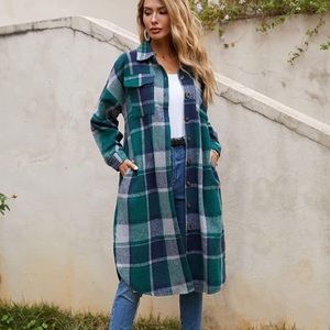 Uaneo Womens Casual Plaid Button Down Long Puff Sleeve Long Trench Coats Shacket